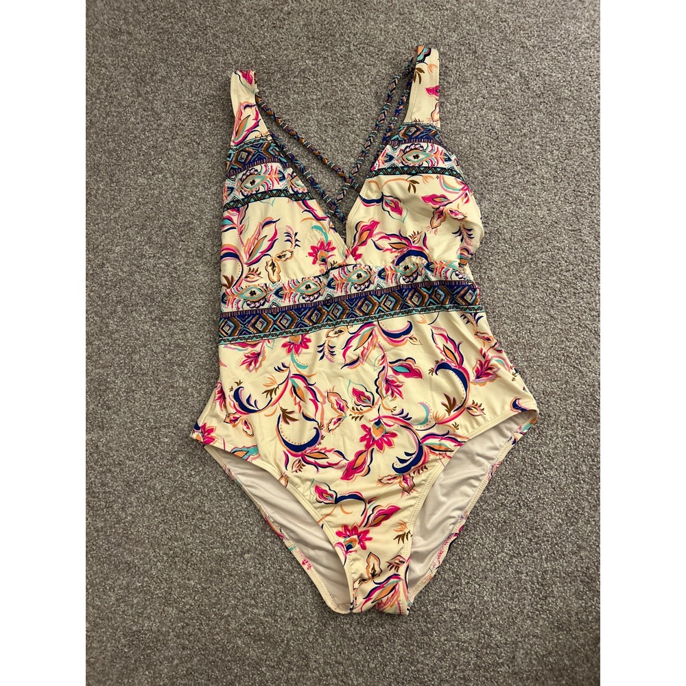 Lucky Brand Swimsuit Womens L Cream Floral Paisley‎ Strappy One Piece Excellent